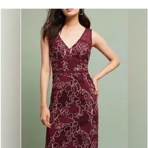 Moulinette Soeurs Dress Size 0 Embroidered Maroon Anthropologie